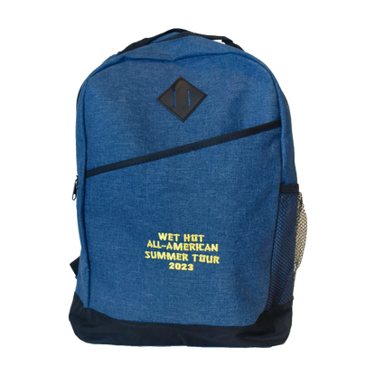 blue backpack with Wet Hot All-American Summer Tour 2023 written in yellow