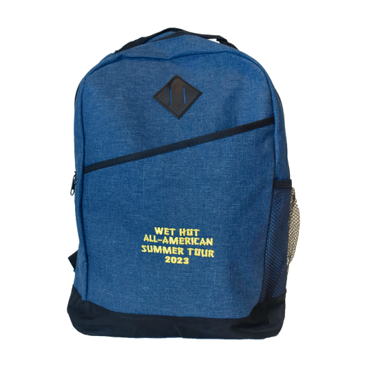 blue backpack with Wet Hot All-American Summer Tour 2023 written in yellow
